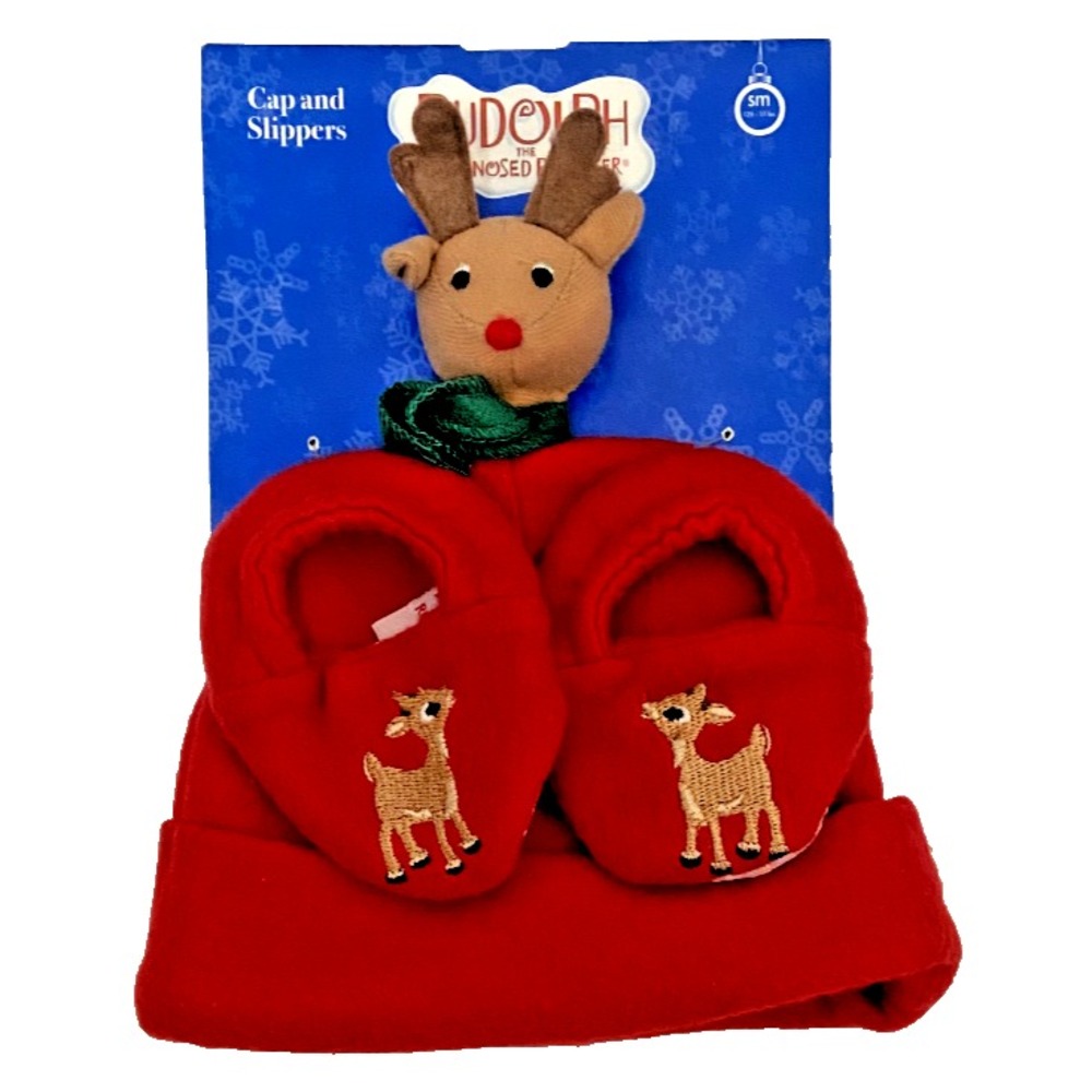 RUDOLPH THE RED-NOSED REINDEER Cap & Slippers Baby 12.5-17 Lbs. Small 3-9 Months